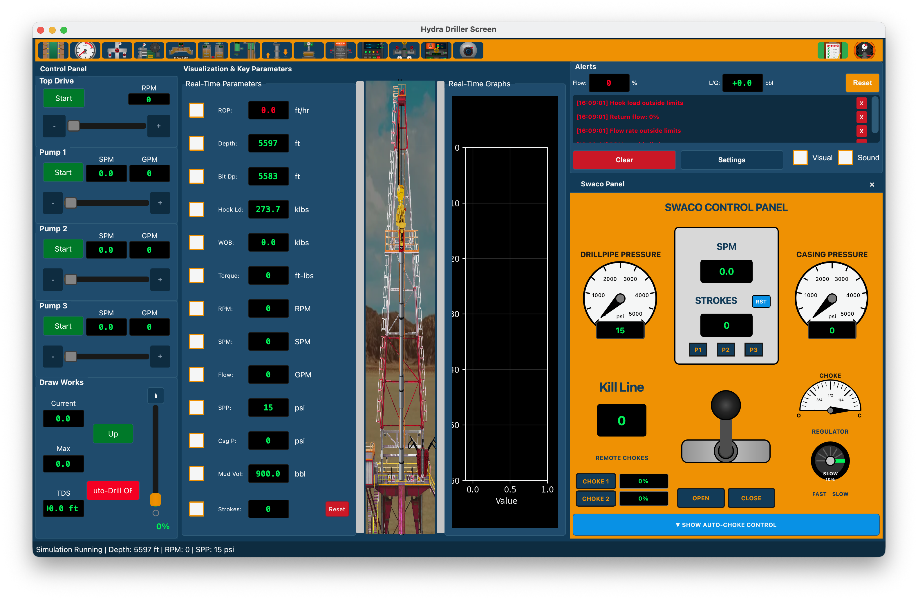 AutoNergi Driller Console — real-time drilling simulator interface showing control panel, standpipe pressure, BOP controls, and rig visualization