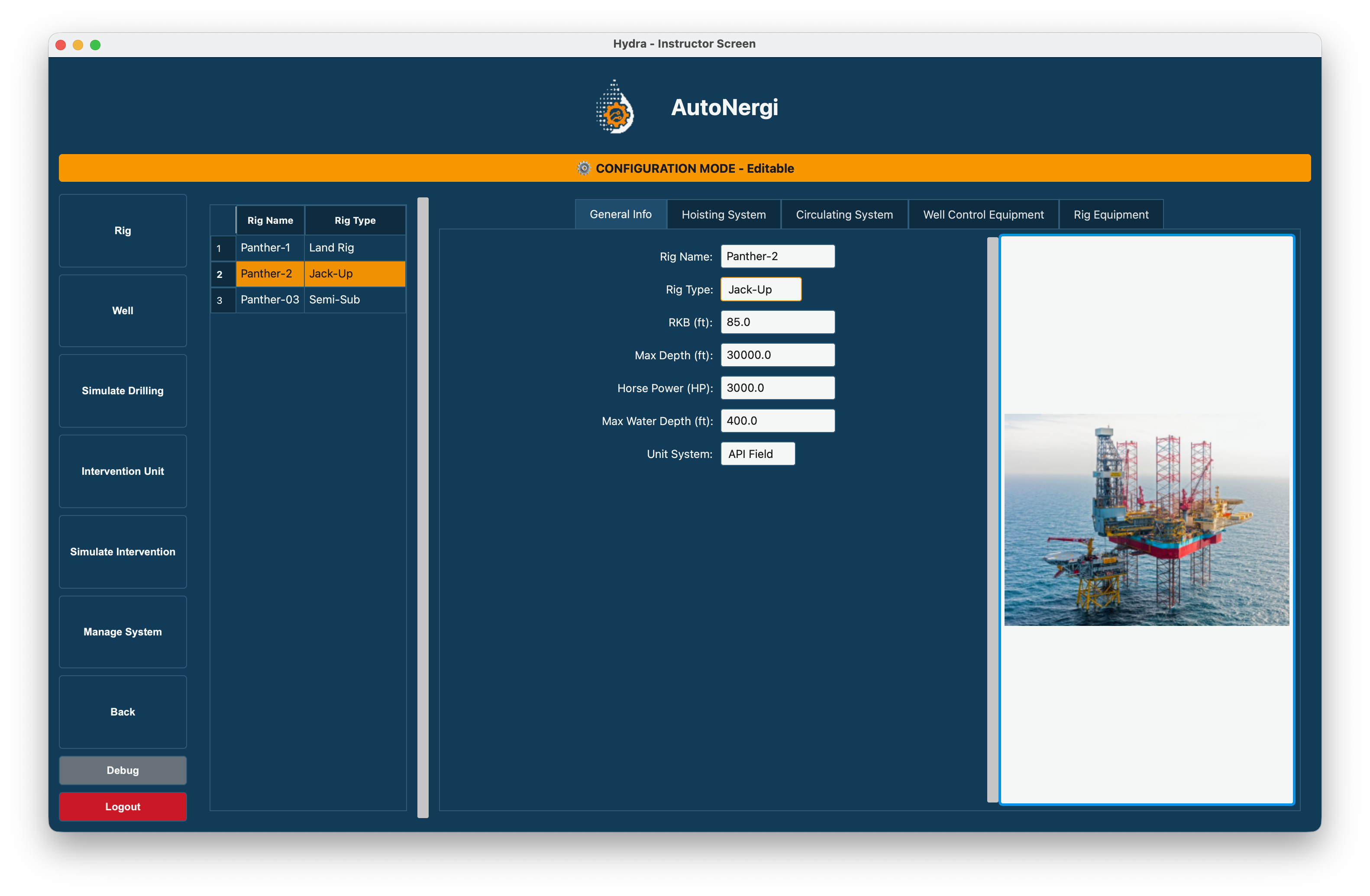 Hydra Instructor Station - Rig Configuration with equipment specifications