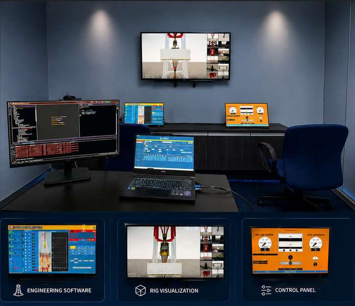 A Hydra-10 desktop install — a dual-monitor workstation and laptop running the simulator's engineering software and an orange control-panel view, with a wall-mounted 3D rig display and engineering-software, rig-visualization and control-panel callouts below