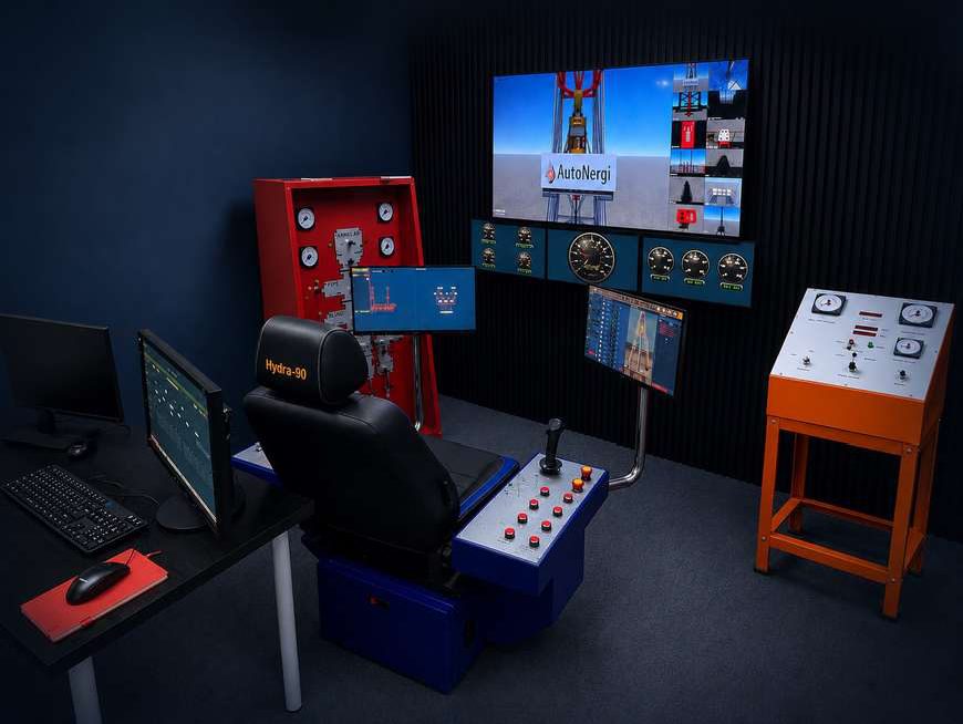 The Hydra-90 full-mission simulator room — a driller's joystick chair labelled Hydra-90 facing a wall of synced screens with gauge banks, a red BOP control panel and an orange choke console